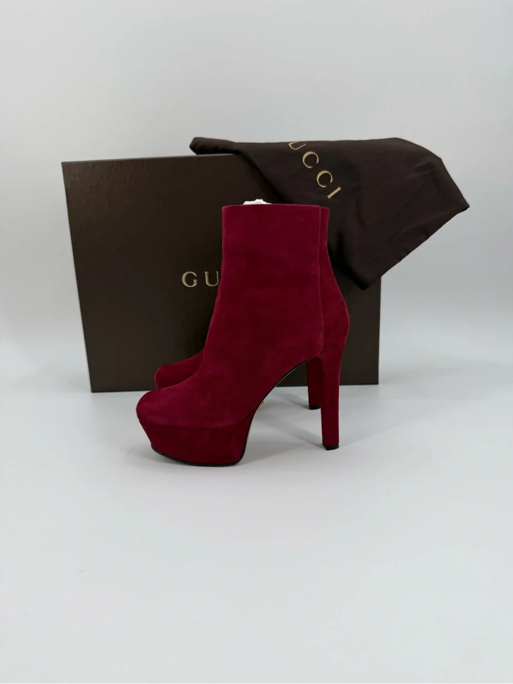 Gucci Kid Scamosciato Burgundy Suede Platform Ankle Boots Heels Zip Luxury SZ 6